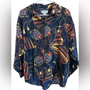 Vtg Whistles English Nautical 100% Silk Navy/Red Blouse Women's Medium
